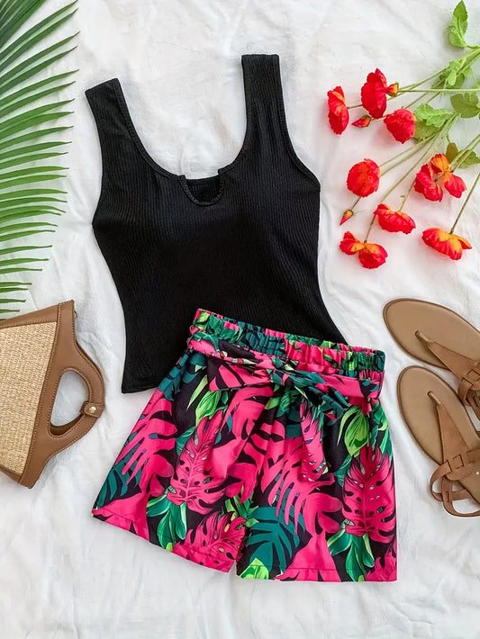 Elkie – Ribbed Cotton Tank Top and Printed Shorts Set