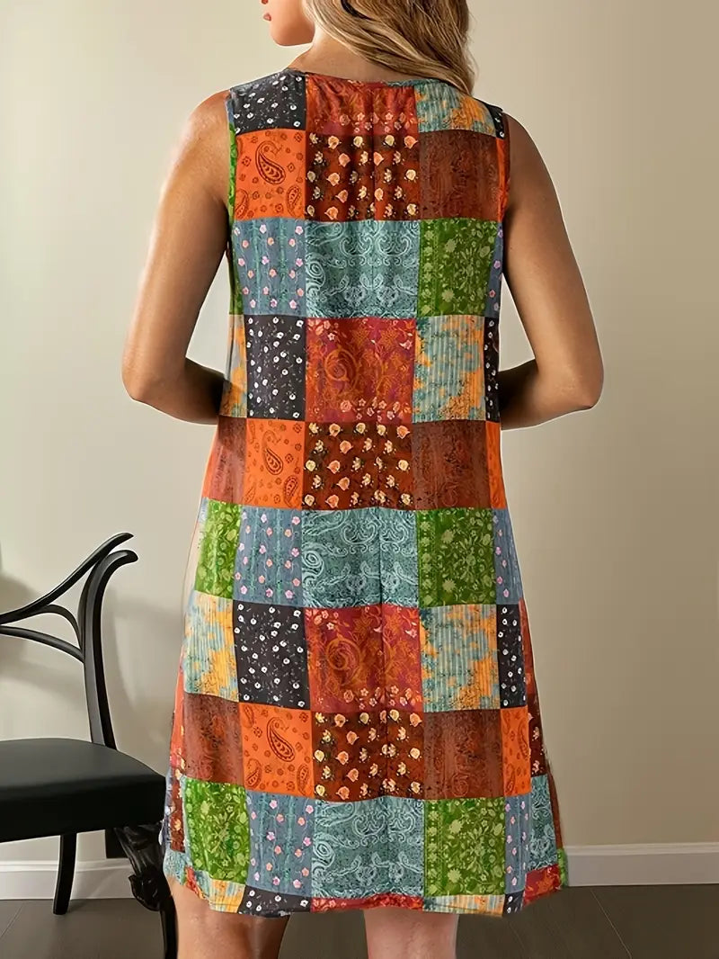 Lenivelle – Boho Patchwork Sleeveless Swing Dress