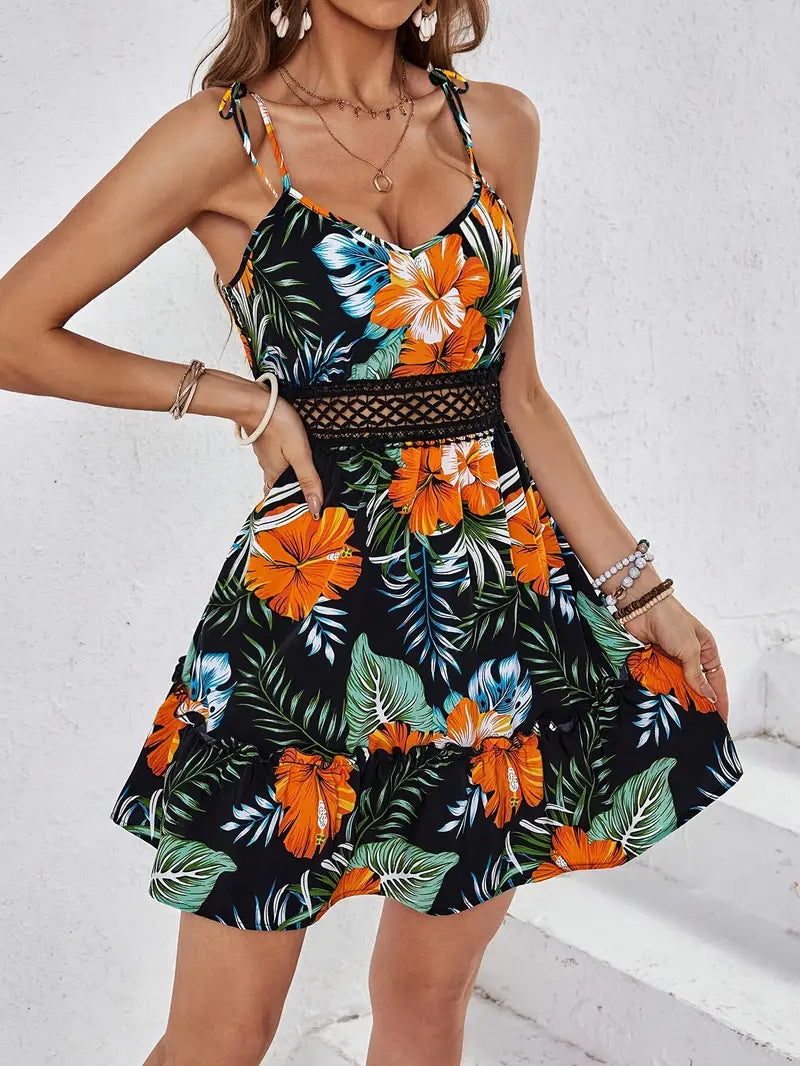 Ivella – Tropical Floral Print Mini Dress with Lace Waist