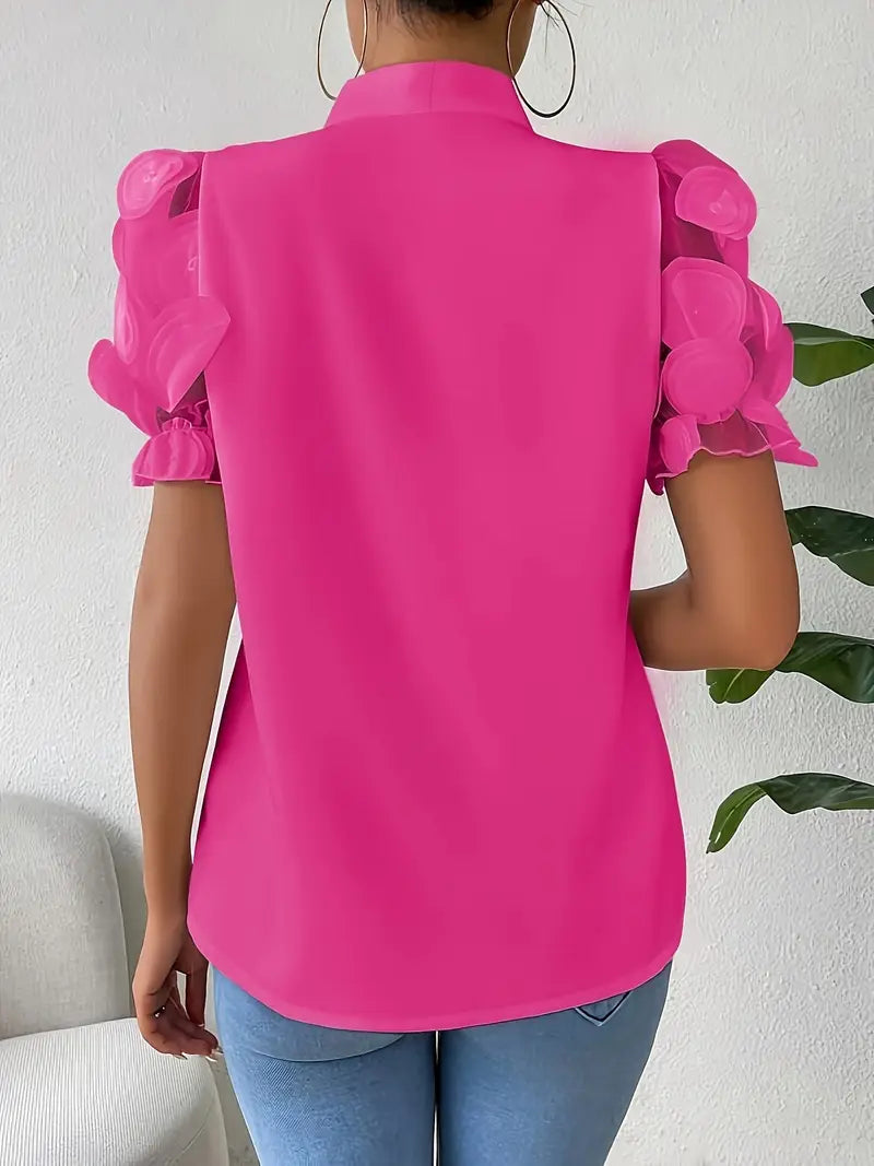 Iscaria – Elegant Bow Tie and Mesh Sleeves Blouse