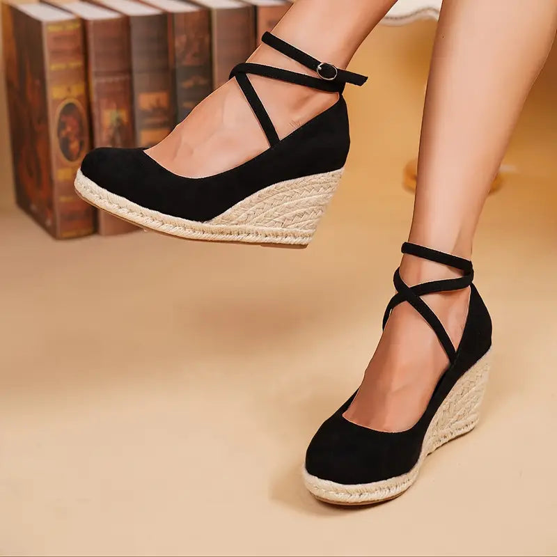 Leija – Black Wedge Espadrilles with Ankle Strap