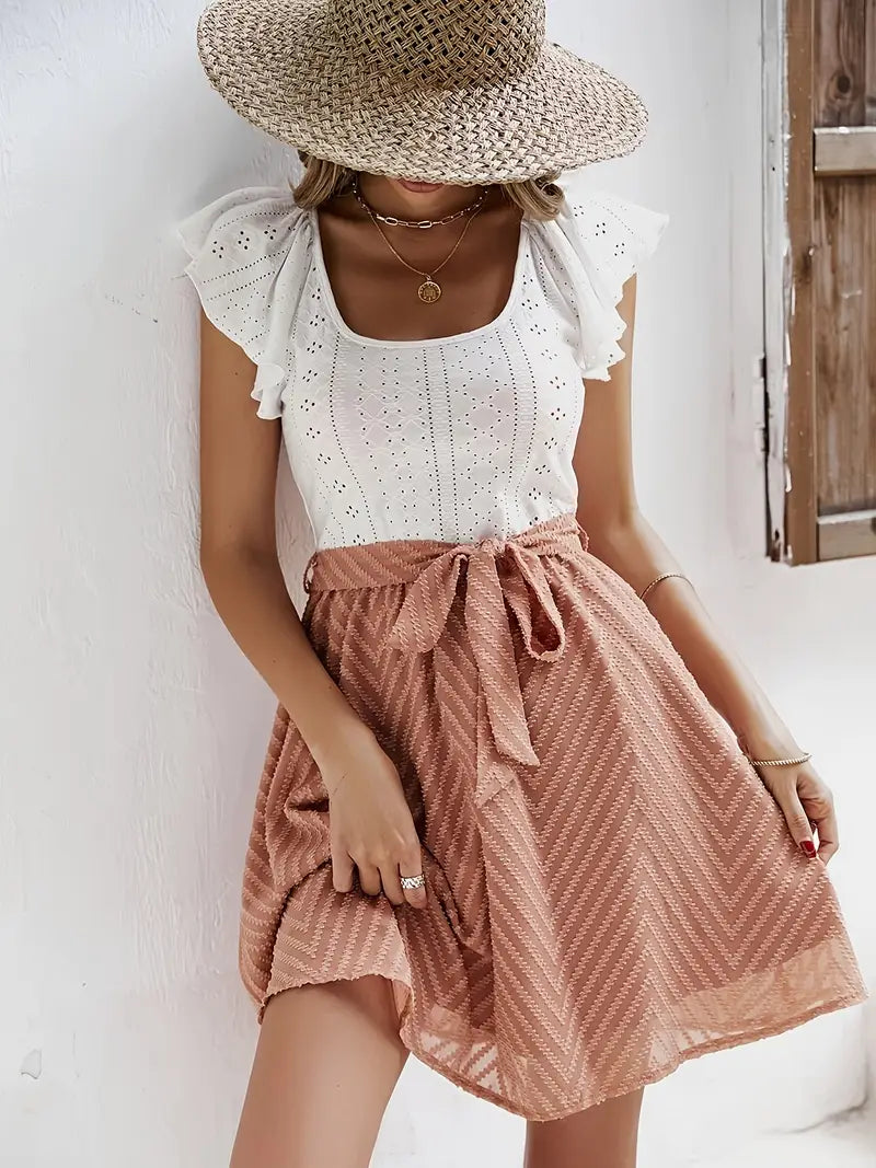 Caliah – Charming Eyelets Ruffle Sleeves Dress