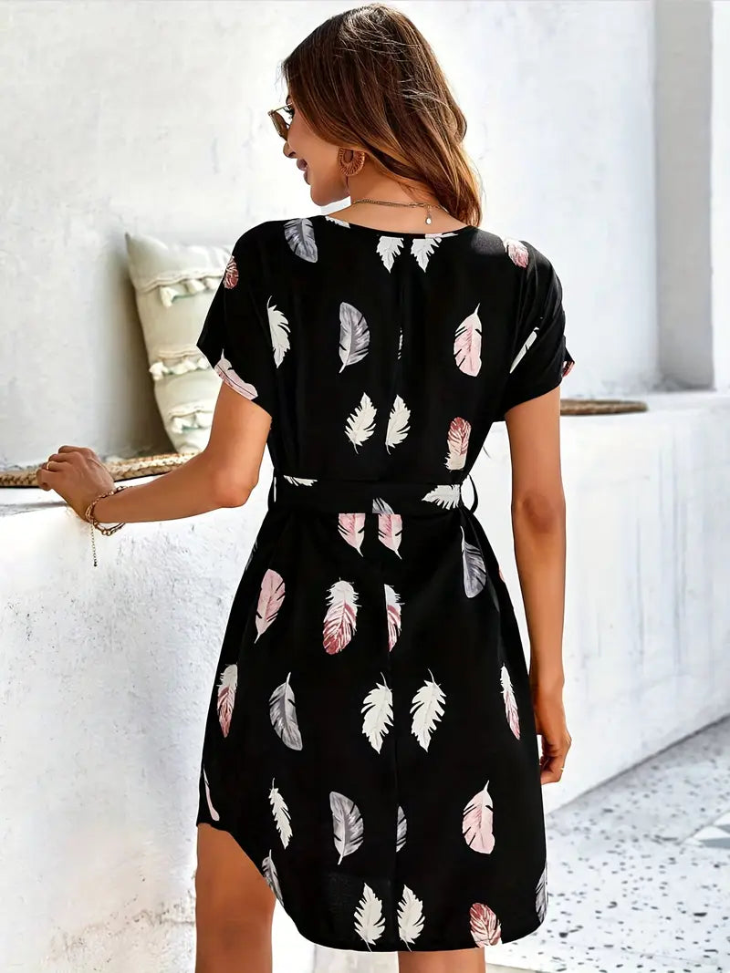Jodi – Black Feather Print Mini Dress with Belt