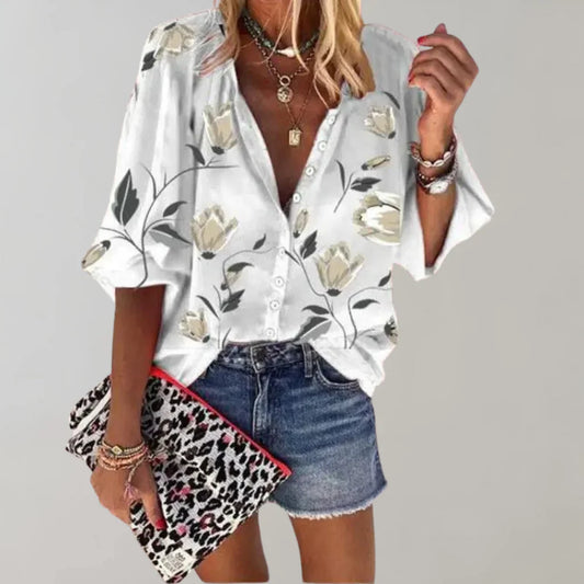 Arisaya – Floral Lantern Sleeve Button Front Blouse