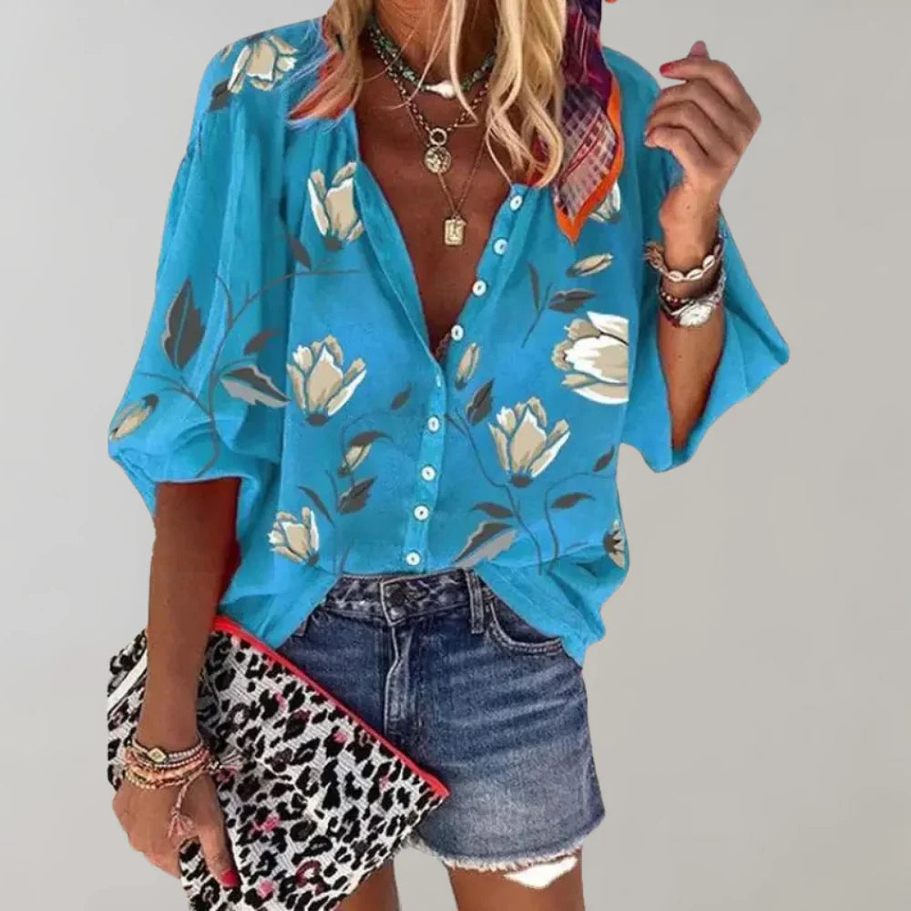 Arisaya – Floral Lantern Sleeve Button Front Blouse