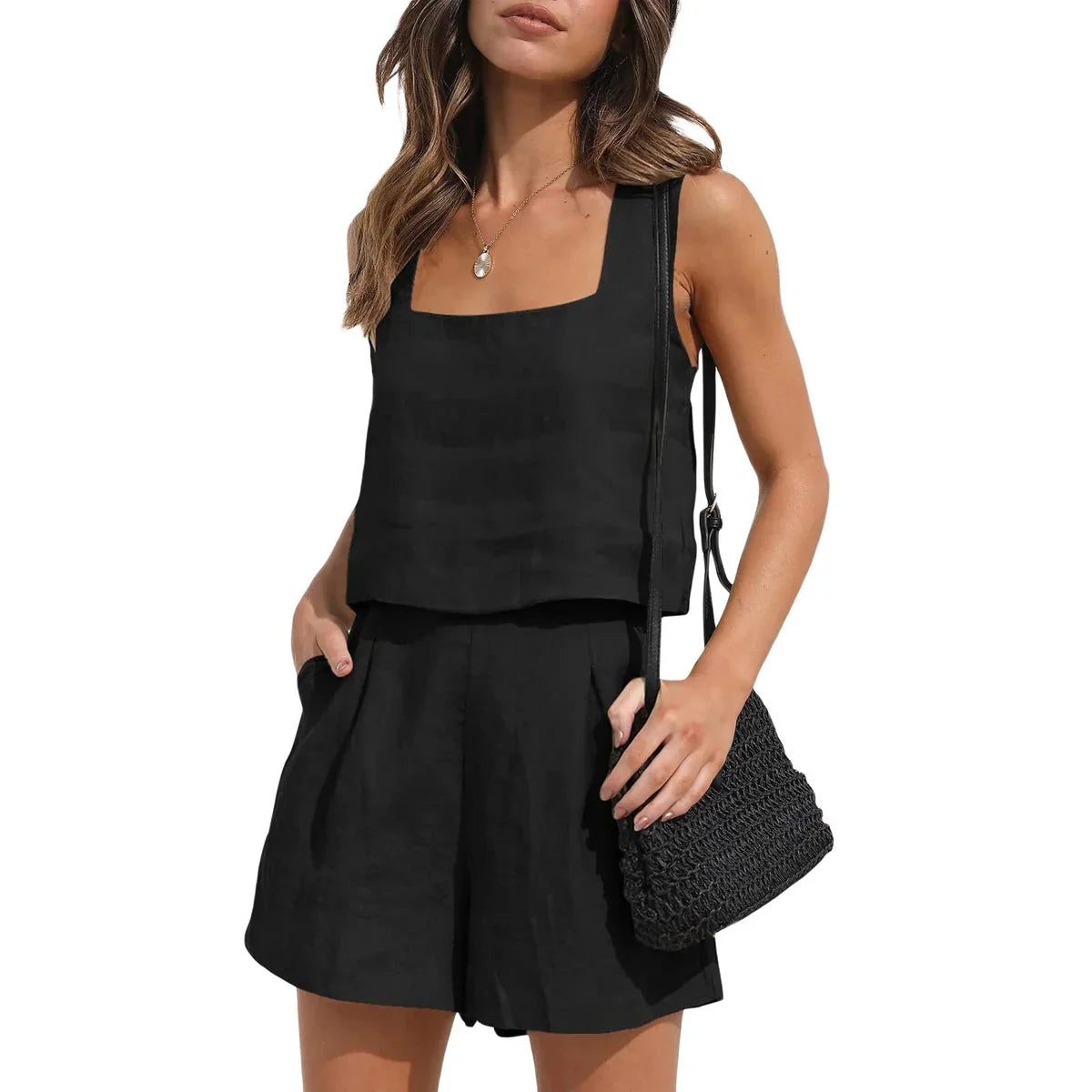 Vionette – Linen Blend Square Neck Shorts Set