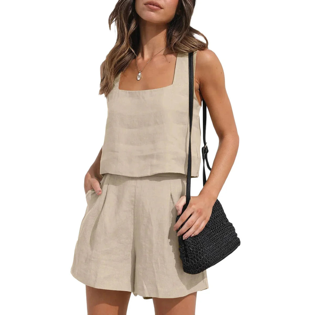Vionette – Linen Blend Square Neck Shorts Set