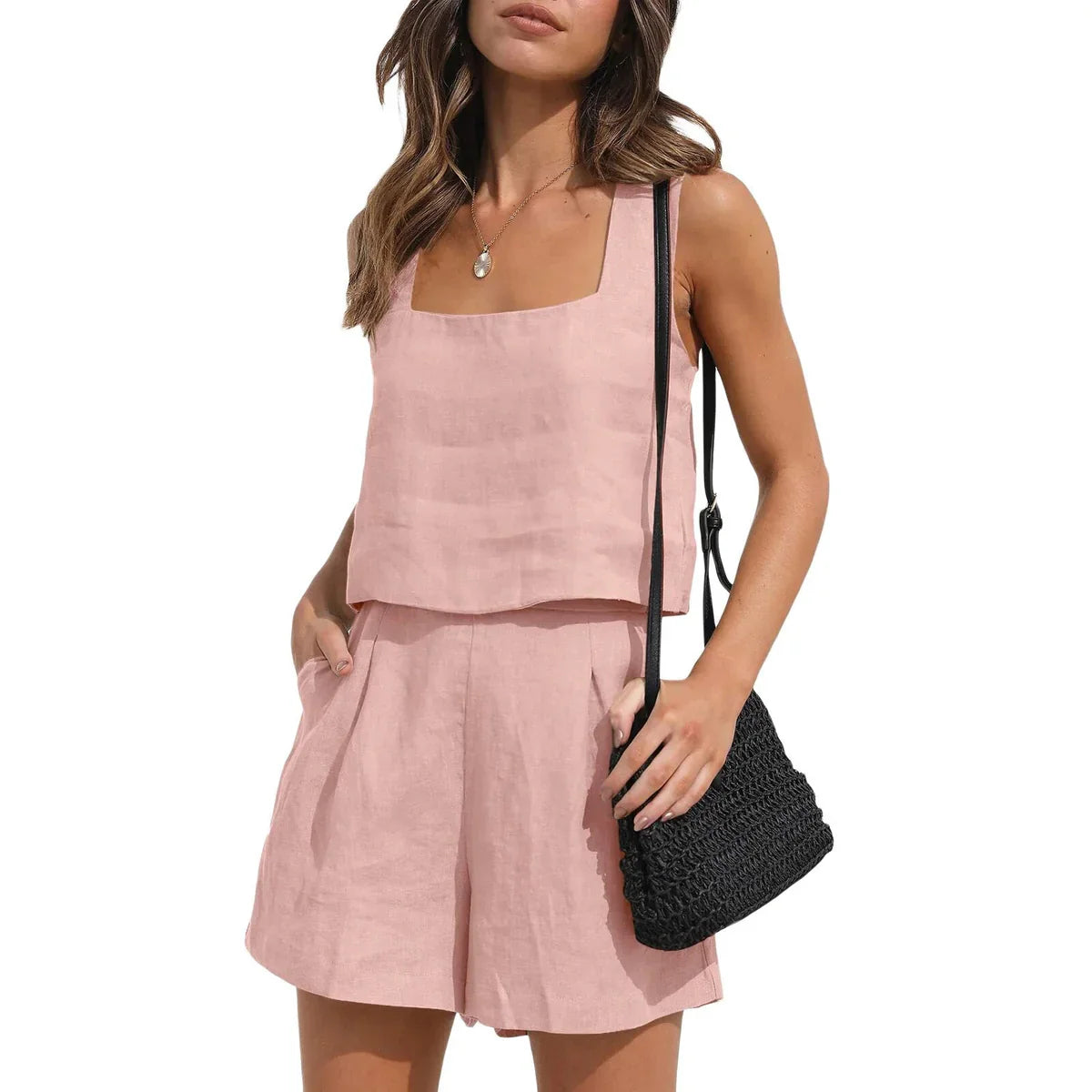Vionette – Linen Blend Square Neck Shorts Set