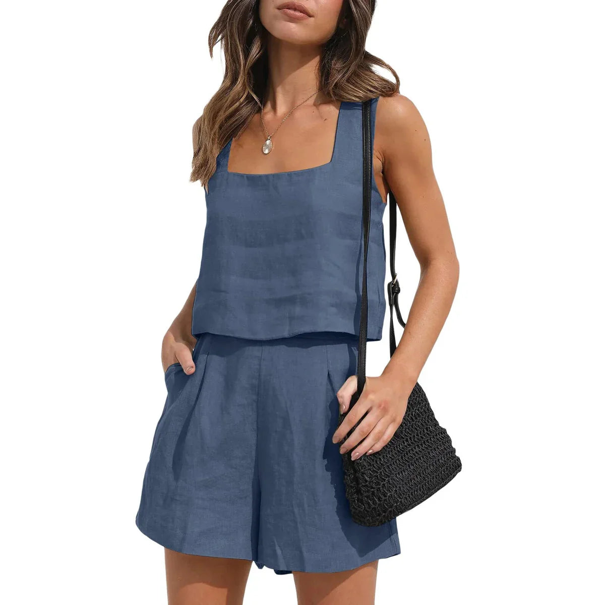 Vionette – Linen Blend Square Neck Shorts Set