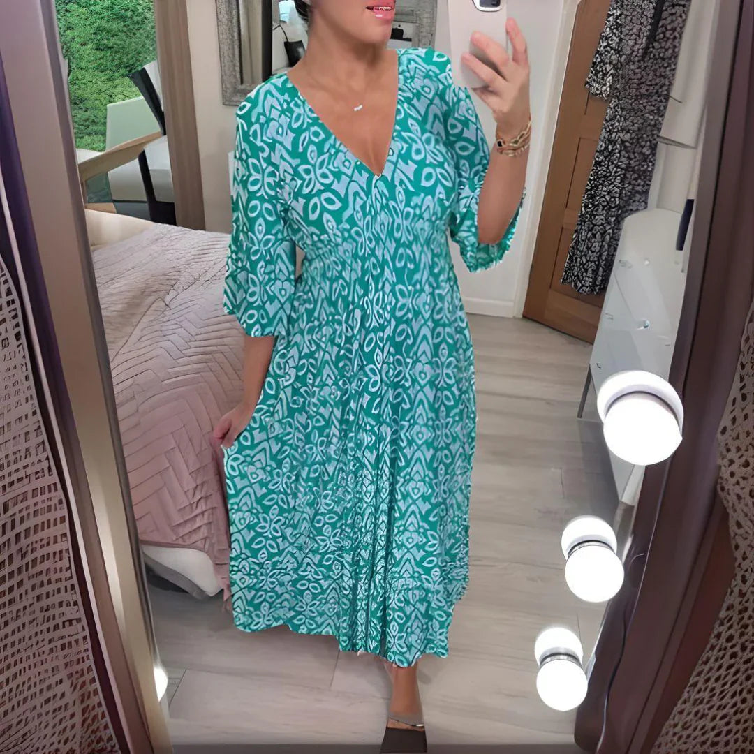 Lourdez - Boho Printed V-neck Maxi Dress