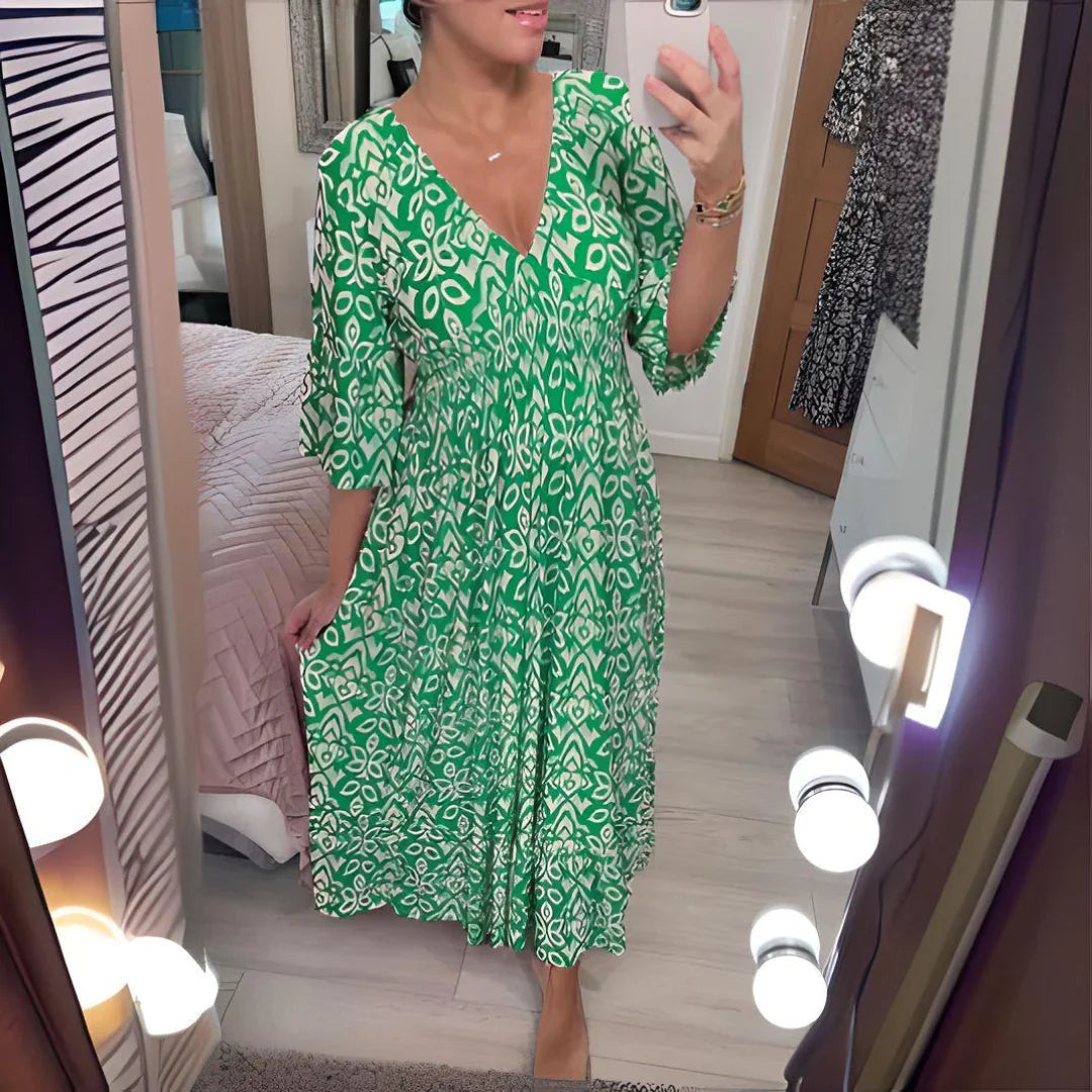 Lourdez - Boho Printed V-neck Maxi Dress