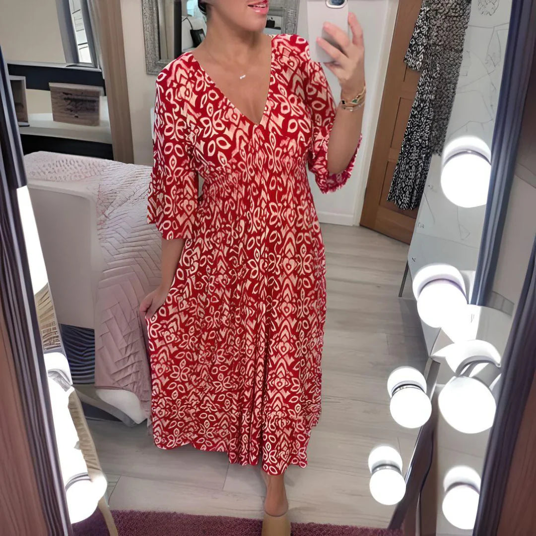 Lourdez - Boho Printed V-neck Maxi Dress