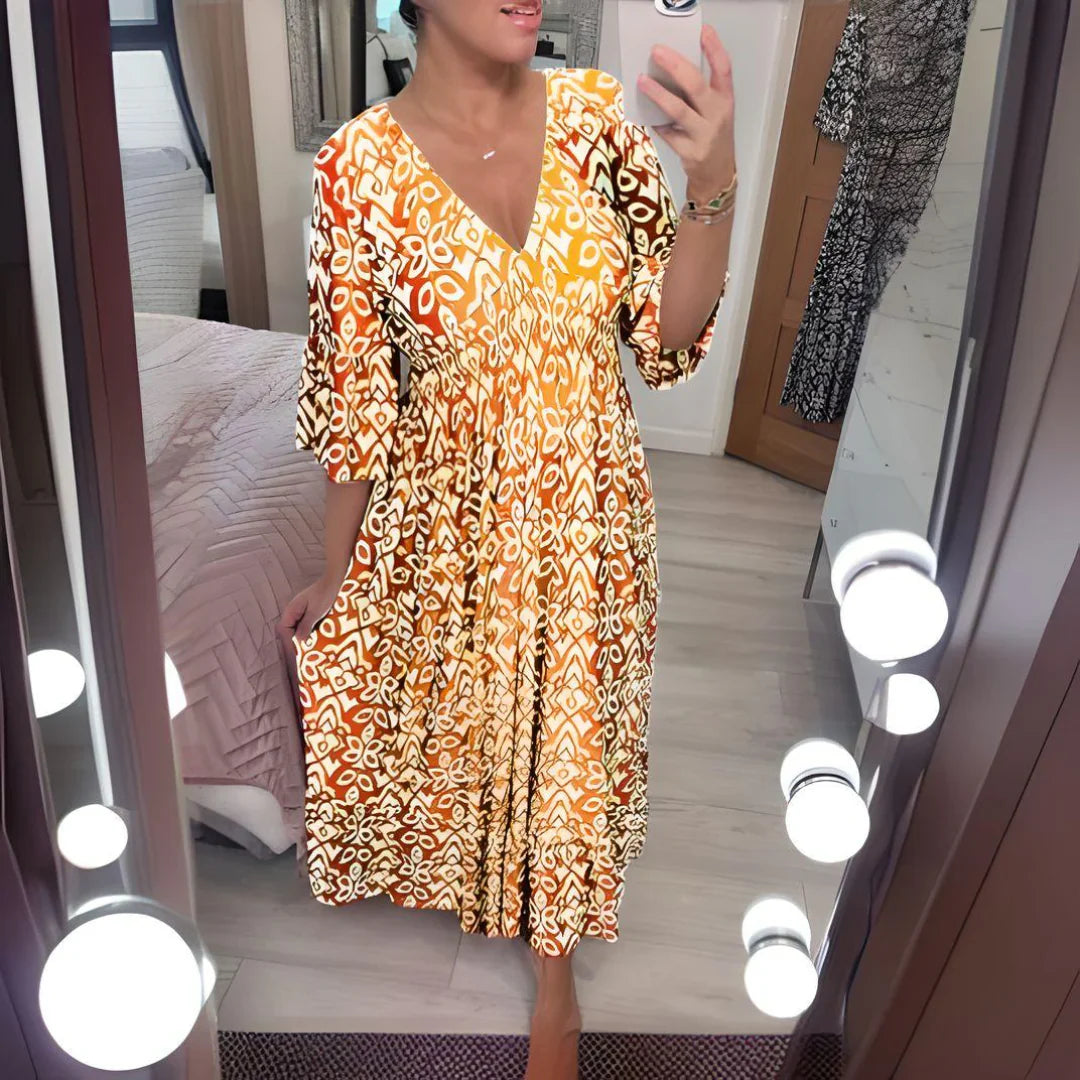 Lourdez - Boho Printed V-neck Maxi Dress