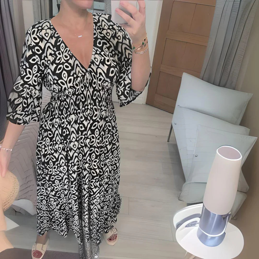 Lourdez - Boho Printed V-neck Maxi Dress