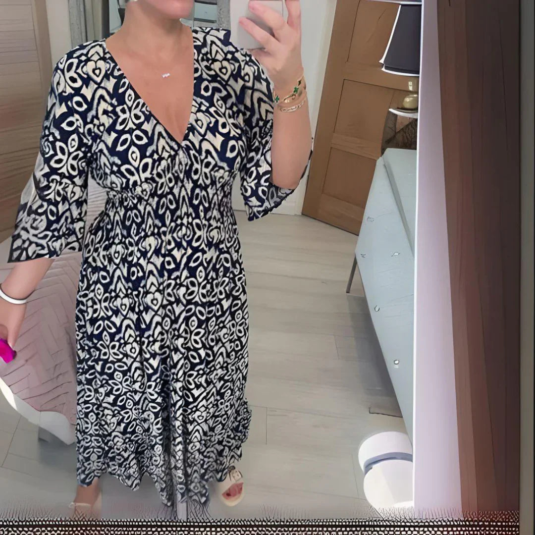 Lourdez - Boho Printed V-neck Maxi Dress