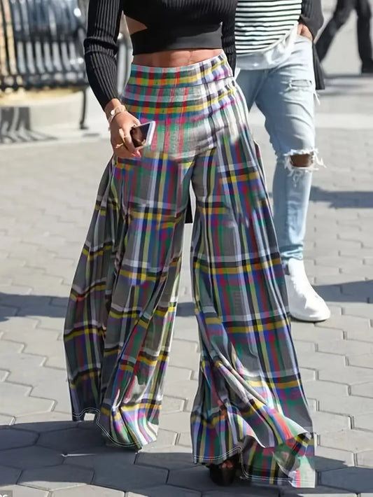 Nyctessa - Checkered High-waisted Wide-leg Trousers