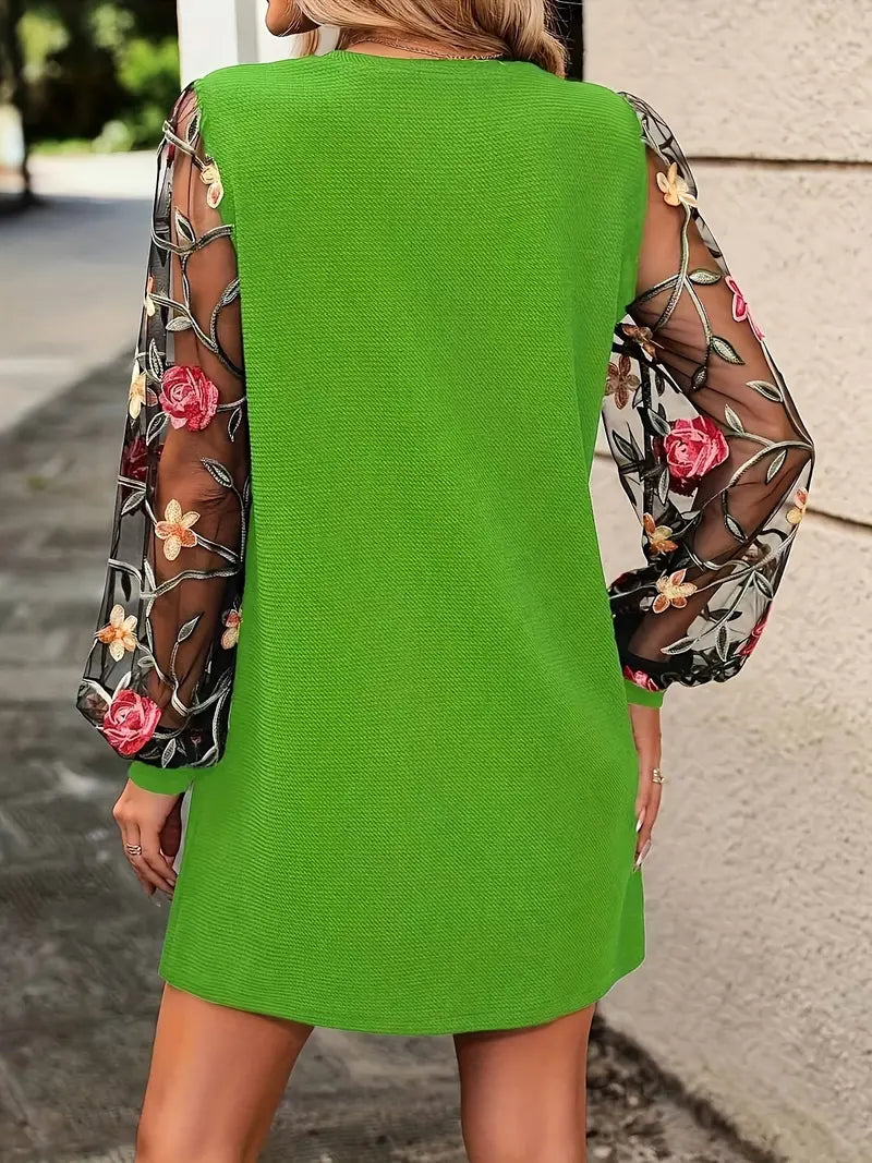 Cecily – Floral Mesh Sleeves Dress