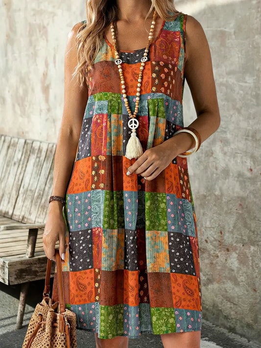 Lenivelle – Boho Patchwork Sleeveless Swing Dress