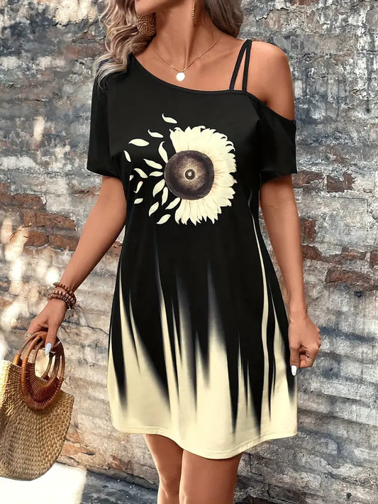 Lorianna – Adorable Sunflower Graphic Off-shoulder Dress