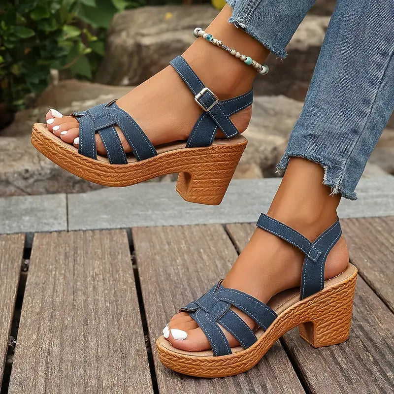 Eldarose – Vintage Woven Chunky Heel Strap Sandals
