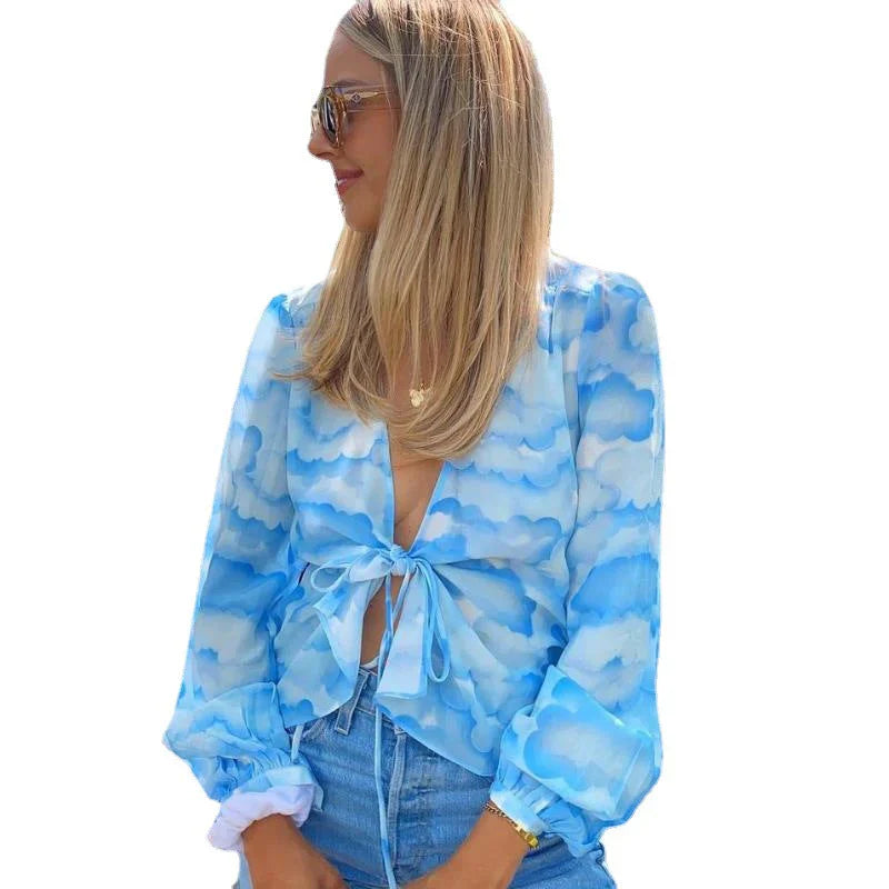 Roselinde – Transparent Chiffon Blouse with Cloud Print and Tie