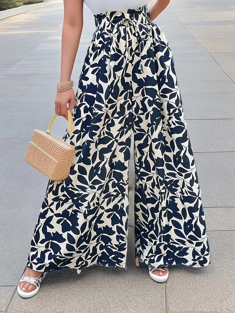 Sunniva – Wide-leg Leaf Print Palazzo Pants