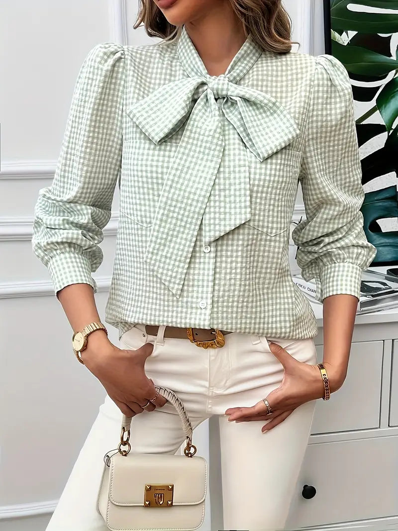Mortisia – Classic Bow Tie Checkered Blouse