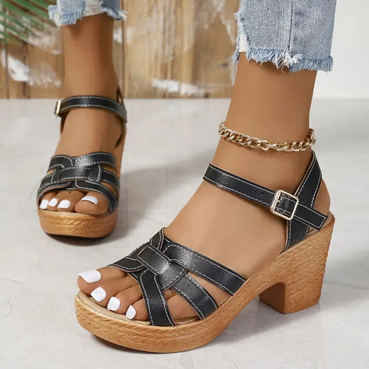 Eldarose – Vintage Woven Chunky Heel Strap Sandals