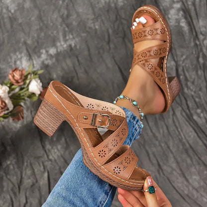 Solienne – Stylish Cut-out Block Heel Slip-on Sandals
