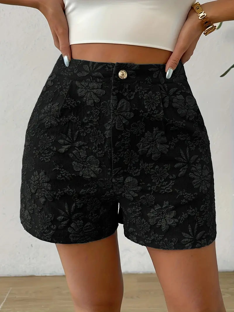 Tazlira – Elegant Floral Embossed High-waist Shorts