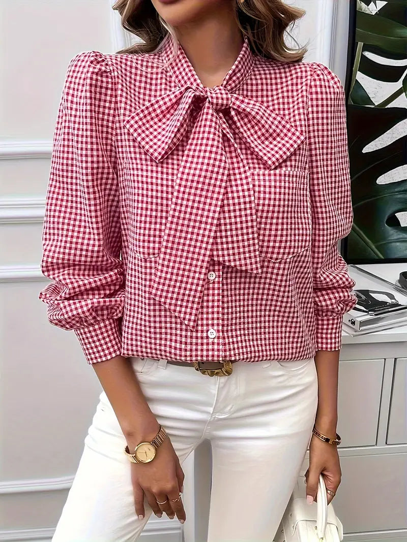 Mortisia – Classic Bow Tie Checkered Blouse