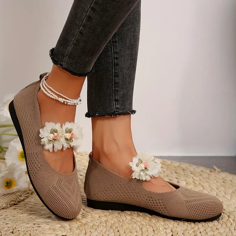 Sylverna - Charming Floral-embellished Knit Flats