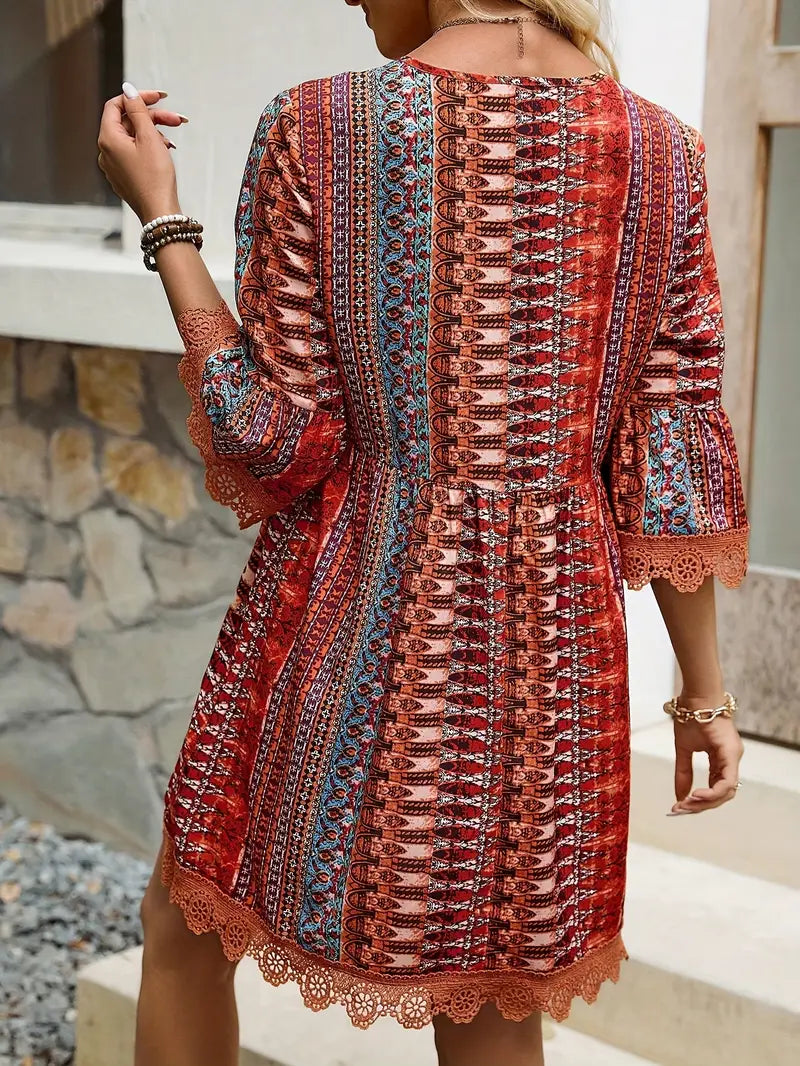 Mindy – Stylish V-neck Boho Print Mini Dress
