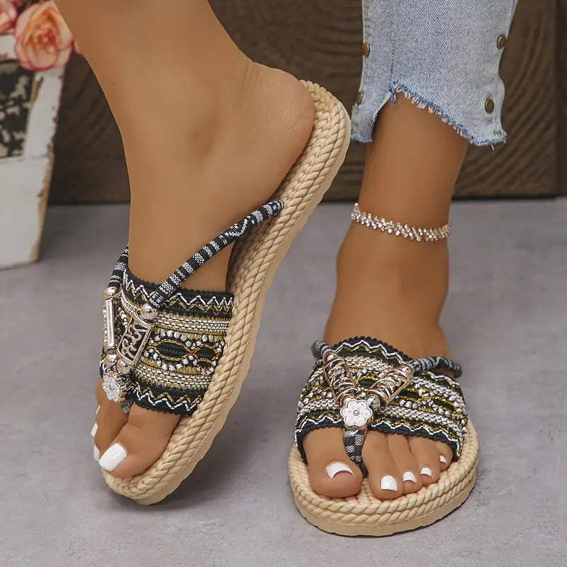 Cedie –  Beaded and Braided Rope Boho Sandals