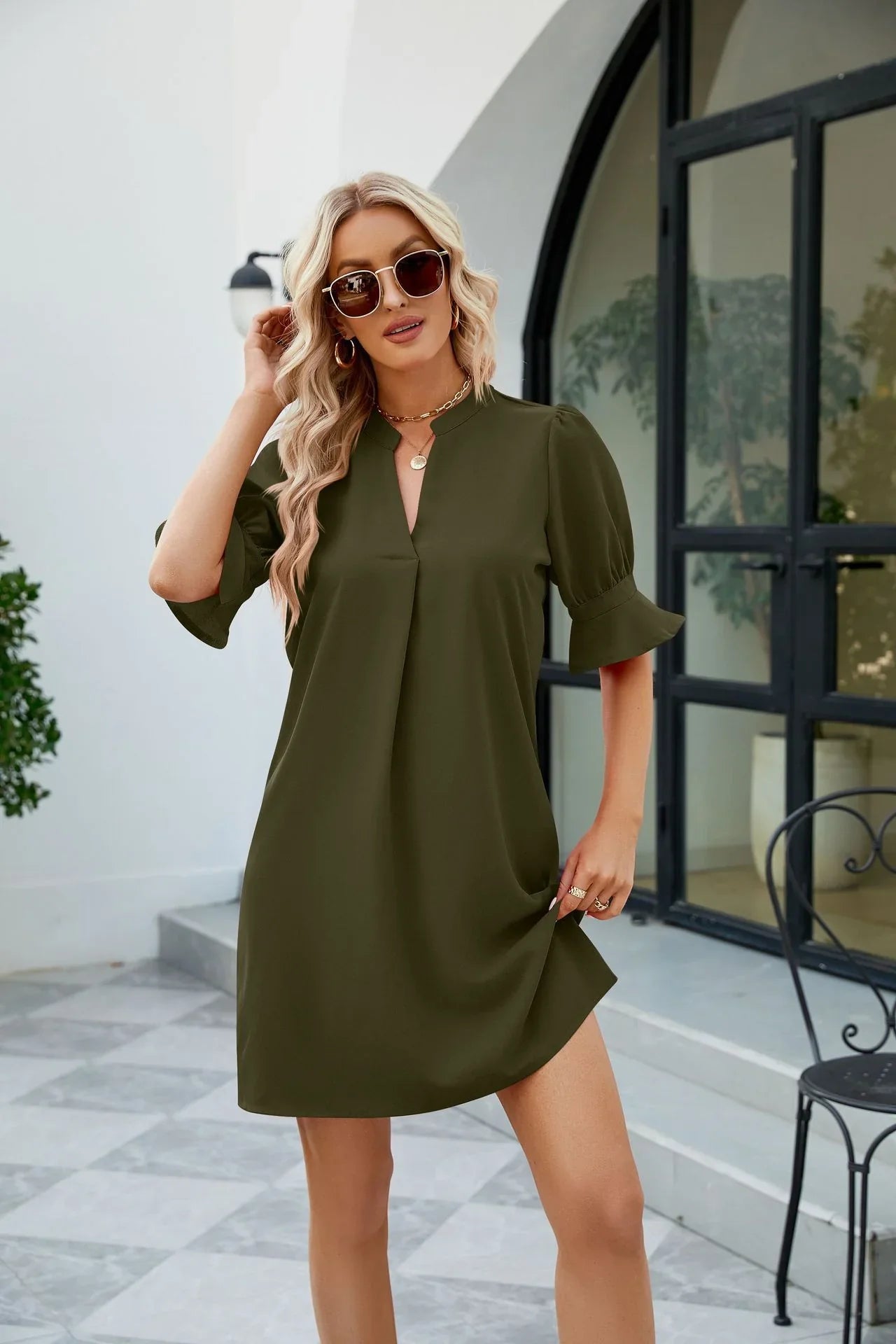Agatha - Elegant V-neck Puff Sleeves Mini Dress