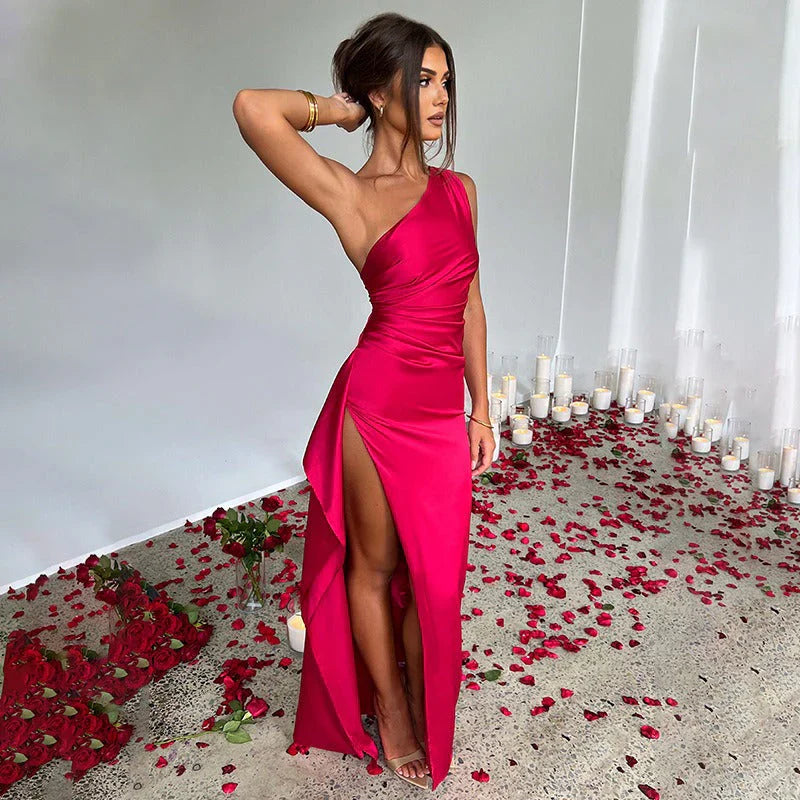 Khaori – Elegant Satin One-shoulder Dress