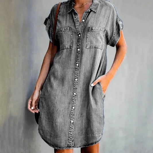 Abiella – Casual Denim Button Shirt Dress