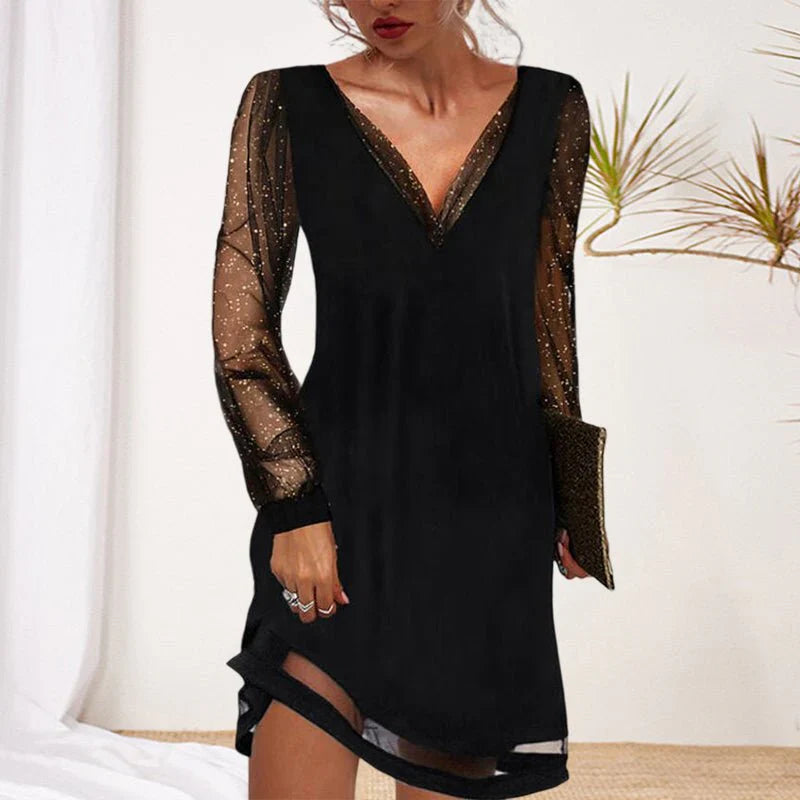 Devita – Elegant Black Dress with V-neck and Mesh Sleeves