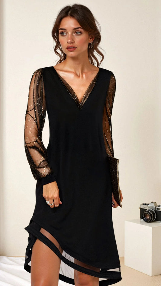 Devita – Elegant Black Dress with V-neck and Mesh Sleeves