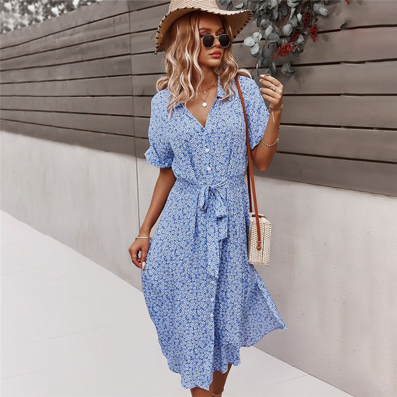Brently – Floral Button-front Tie-Waist Midi Dress