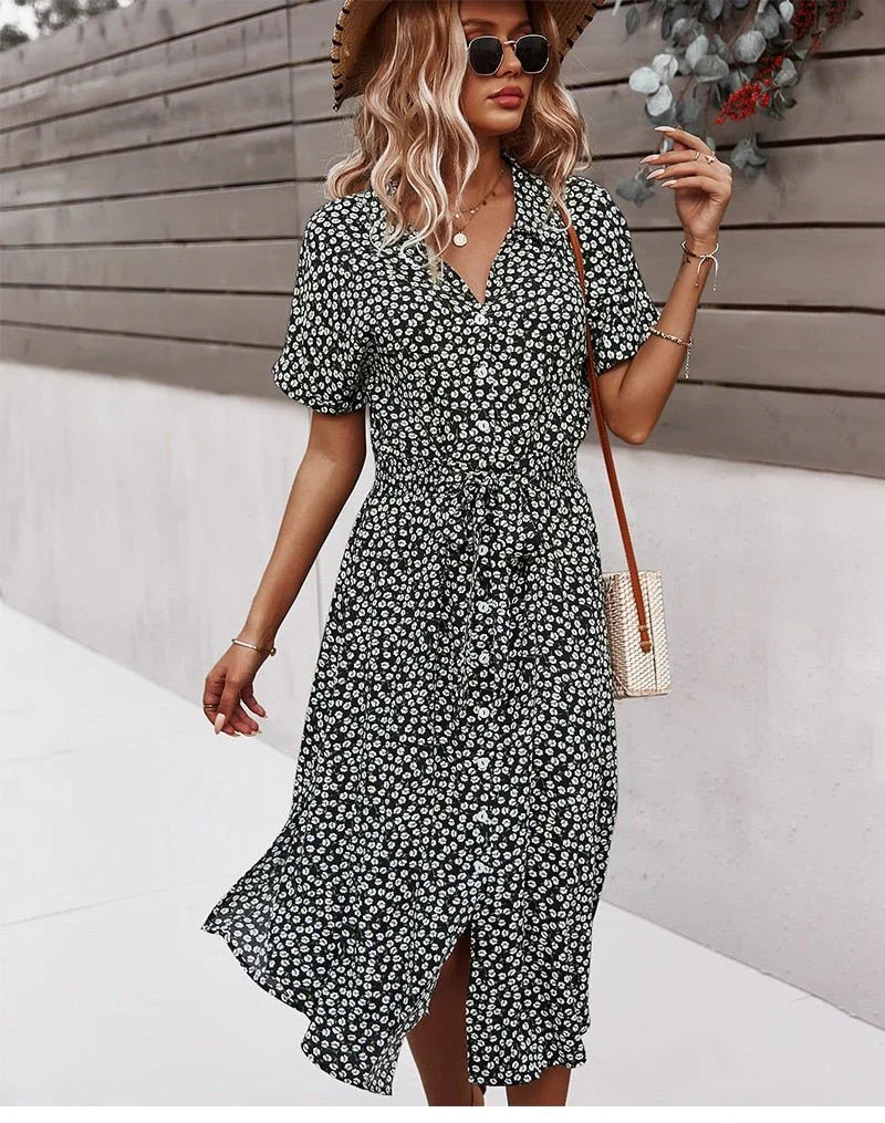 Brently – Floral Button-front Tie-Waist Midi Dress