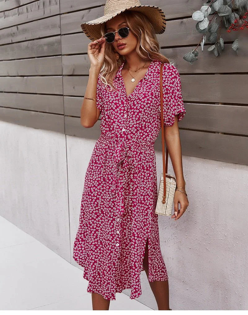 Brently – Floral Button-front Tie-Waist Midi Dress