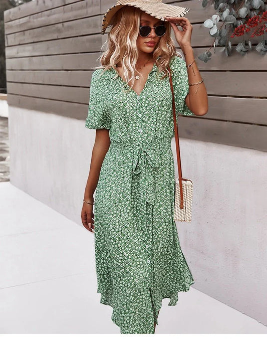 Brently – Floral Button-front Tie-Waist Midi Dress