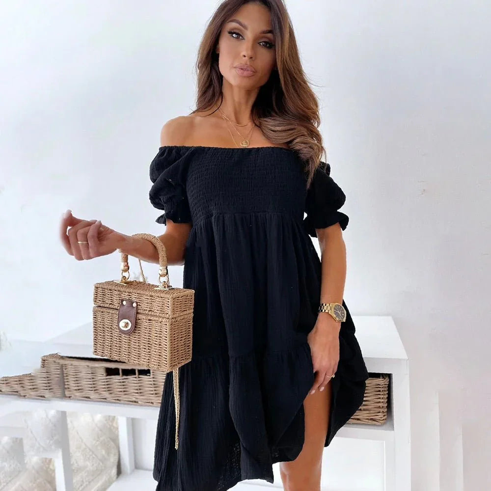 Lorelaine – Off-shoulder Smocked Mini Dress with Ruffle Sleeves