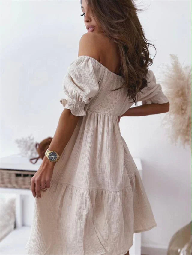 Lorelaine – Off-shoulder Smocked Mini Dress with Ruffle Sleeves
