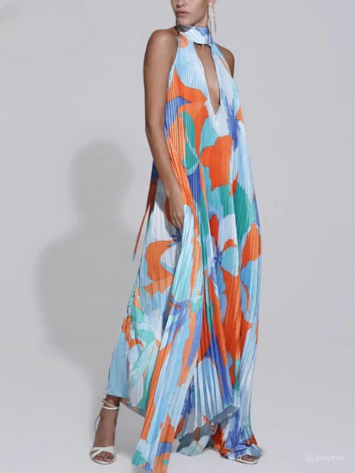 Mirelda – Abstract Printe Halterneck Pleated Maxi Dress