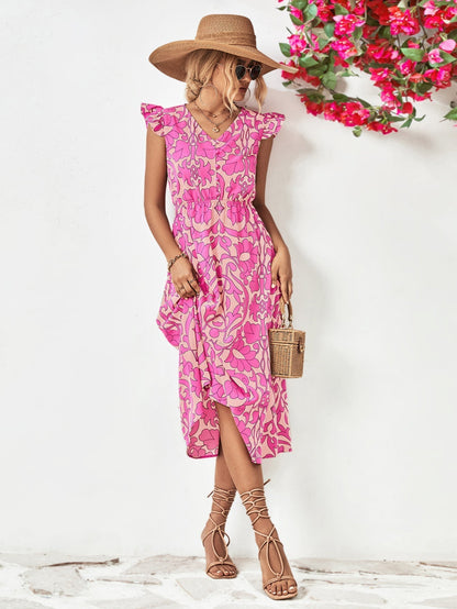 WENNY - Short-sleeved dress with flowered V-neckline