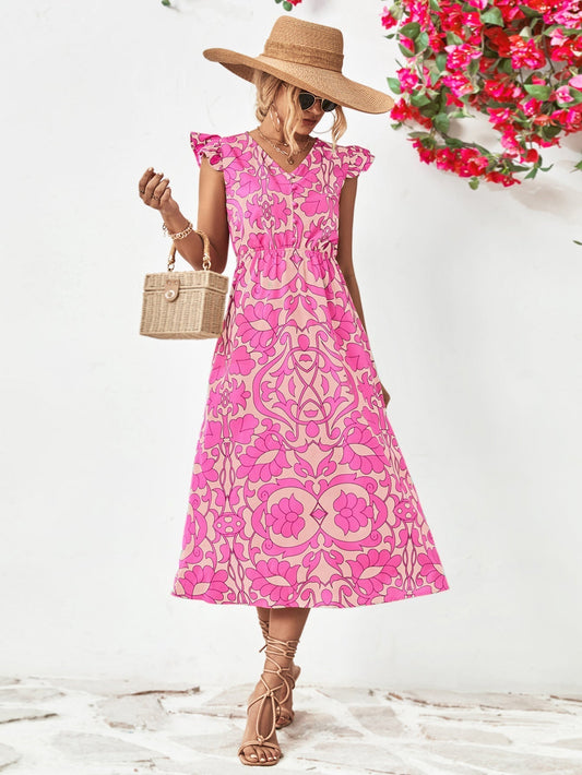 WENNY - Short-sleeved dress with flowered V-neckline