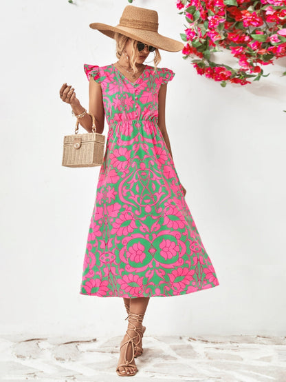 WENNY - Short-sleeved dress with flowered V-neckline
