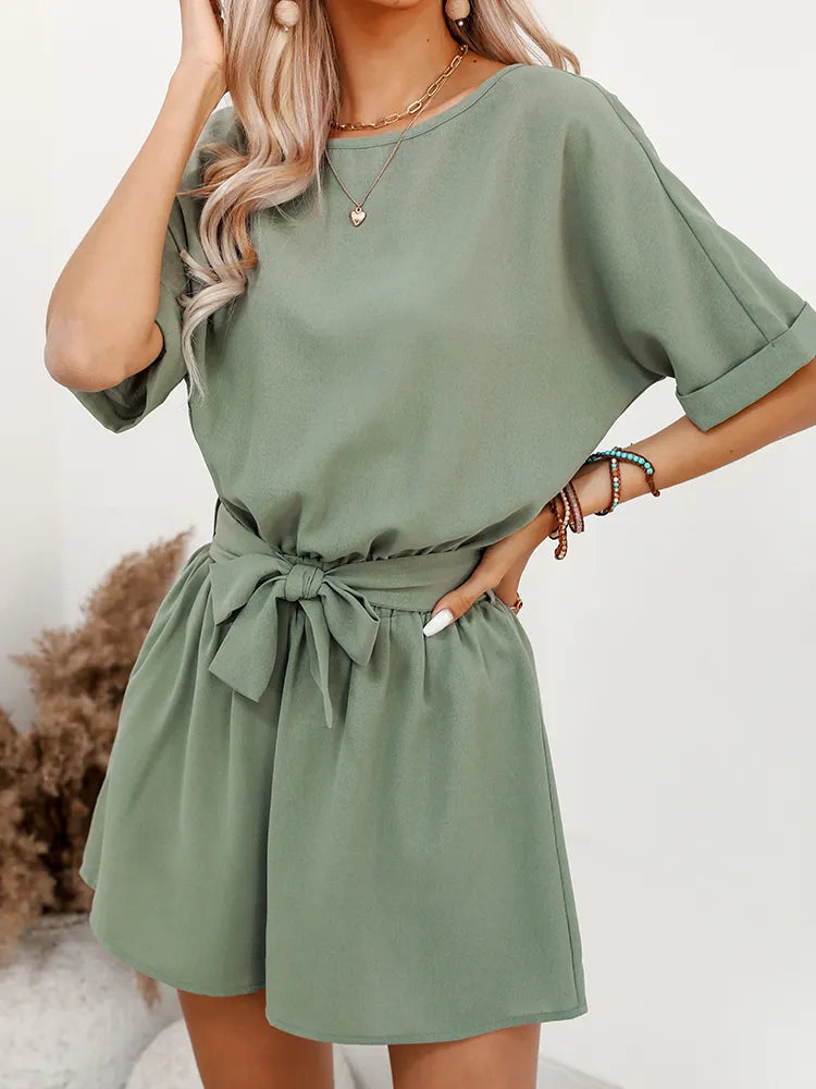 EVELYN - Romper suit with belt and round neckline